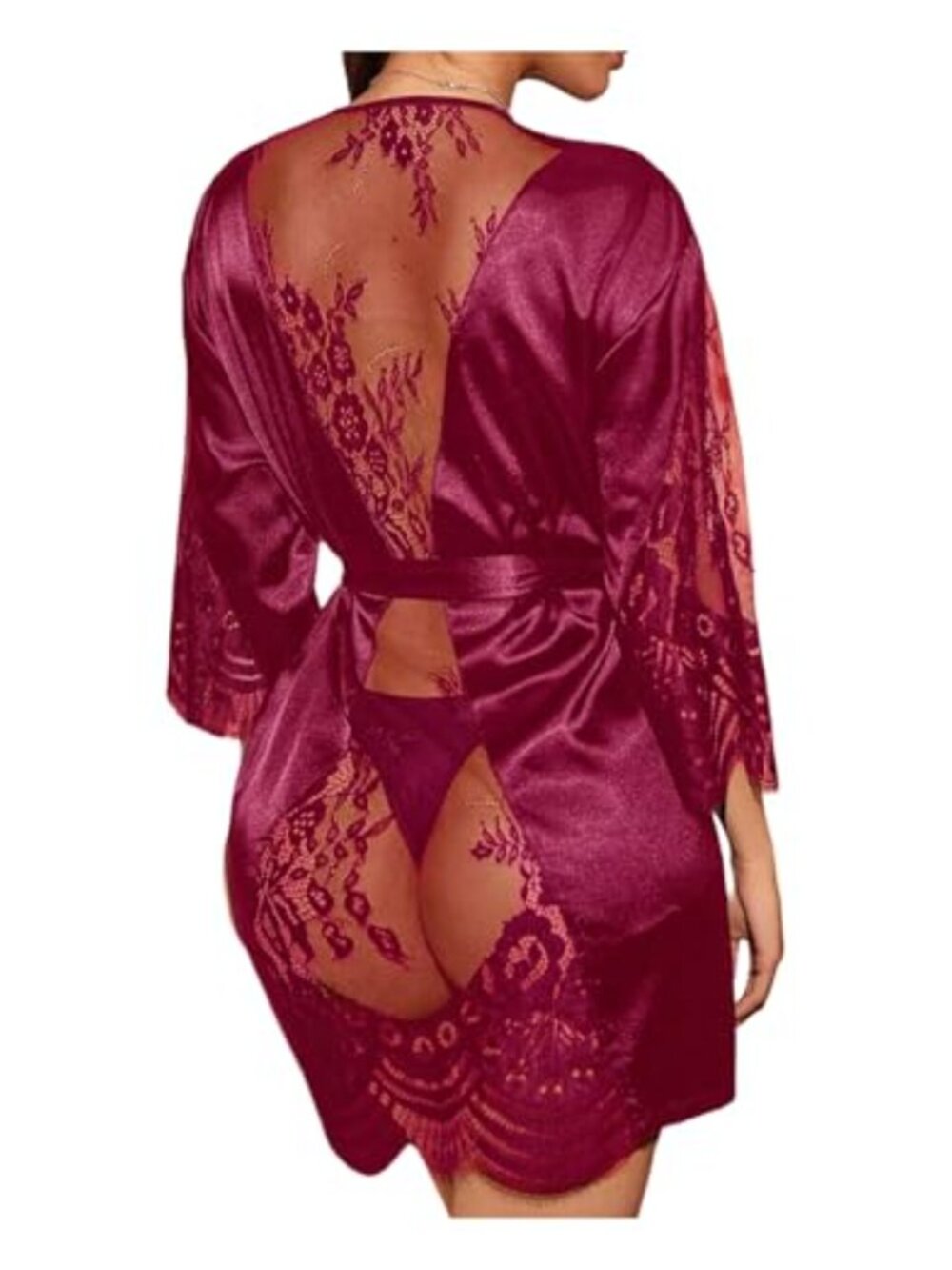 Women's Lace Sheer Satin Belted Kimono Robe 3/4 Sleeve Sleepwear